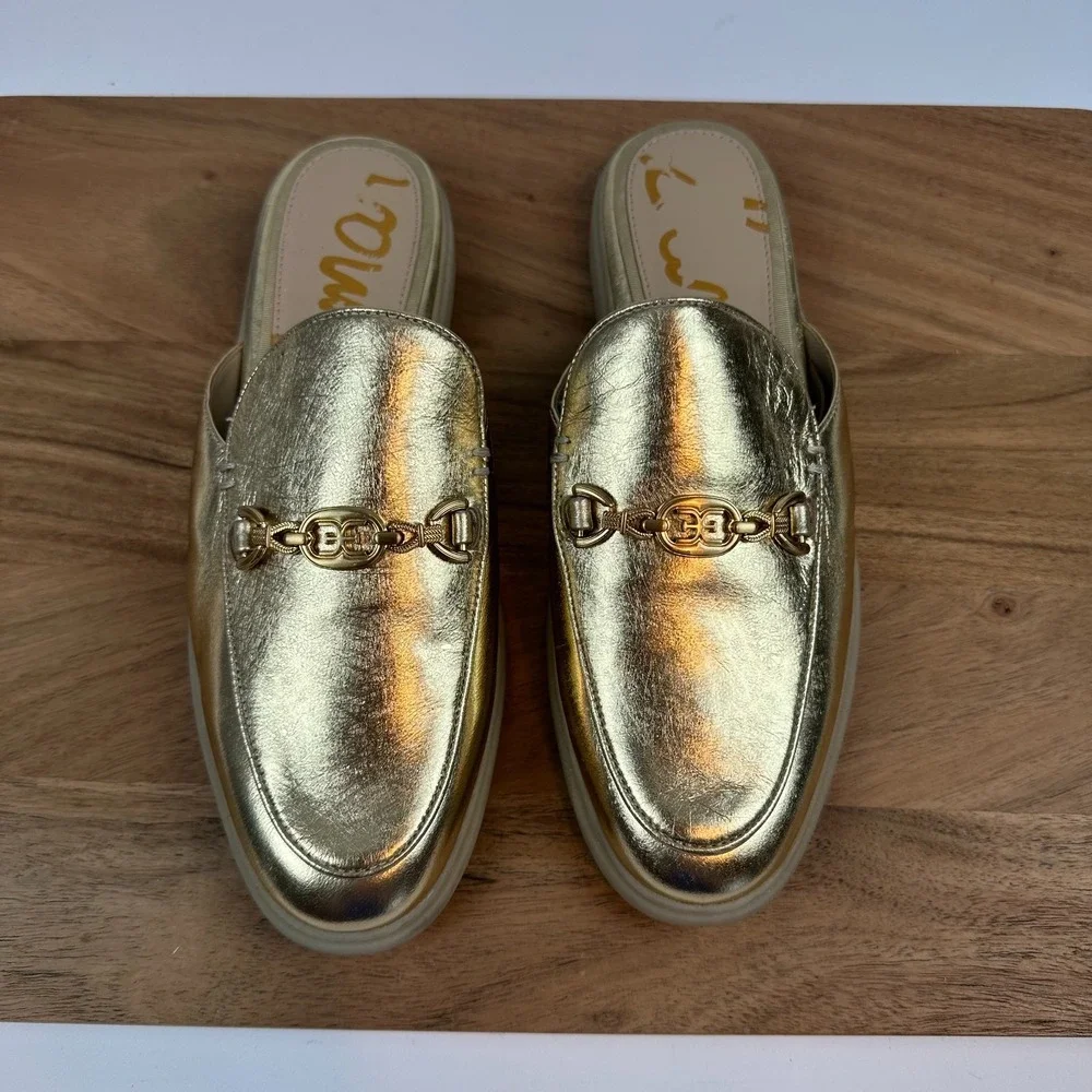 Womens Sam Edelman Kira Metallic Gold Leather Loafers Flats Mules Shoes Size 8‎